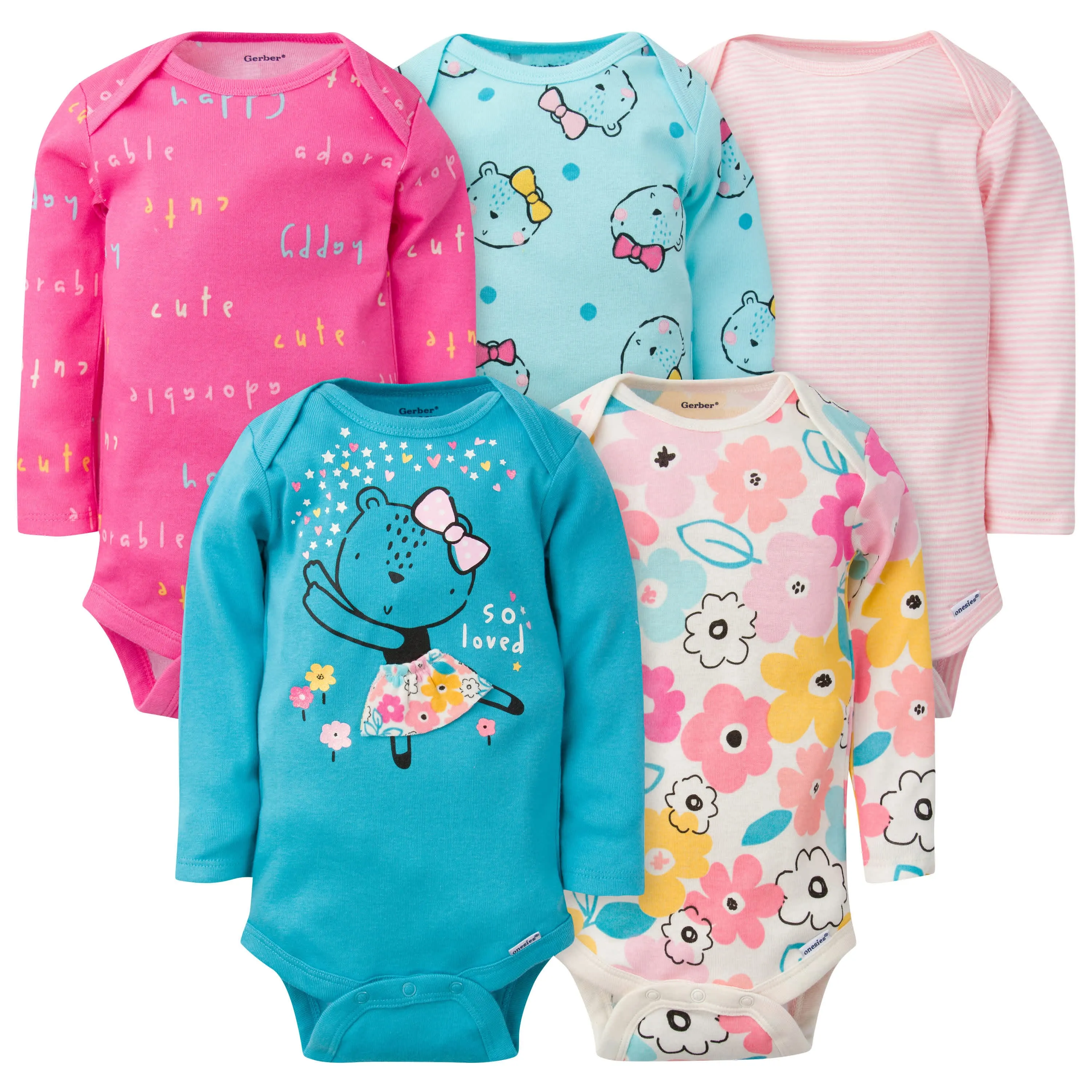 5-Pack Baby Girls Bear Long Sleeve Onesies Bodysuits