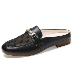 Black mesh vamp buckle on top slip on mule shoe