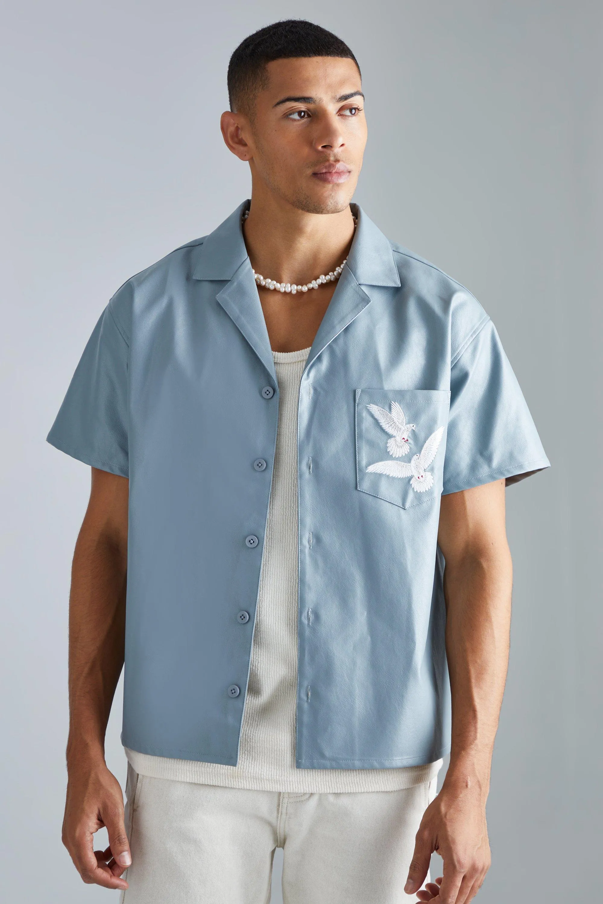 Pu Short Sleeve Boxy Embroidered Shirt | boohooMAN UK
